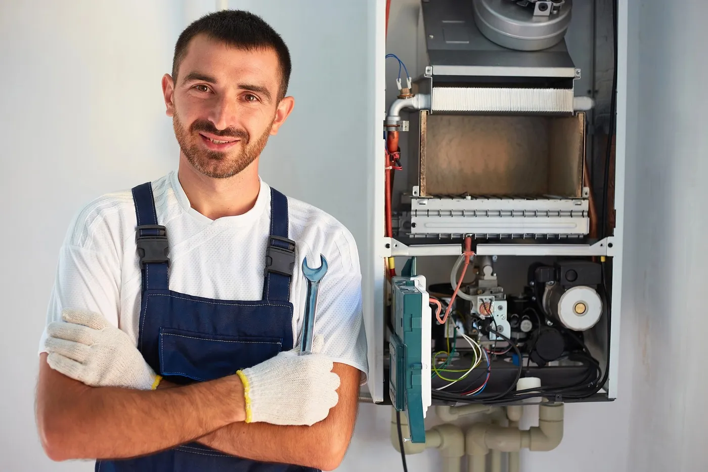 Artisan Dépantout devant un appareil de production d'eau chaude ouvert pour diagnostic
